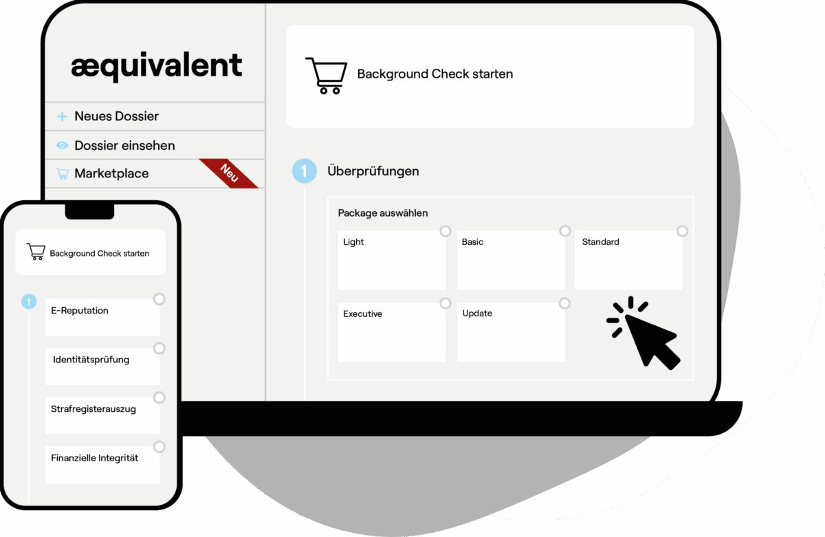 Benutzeroberfläche der Online-Plattform Aequivalent, Spezialist für Background Checks in der Schweiz.