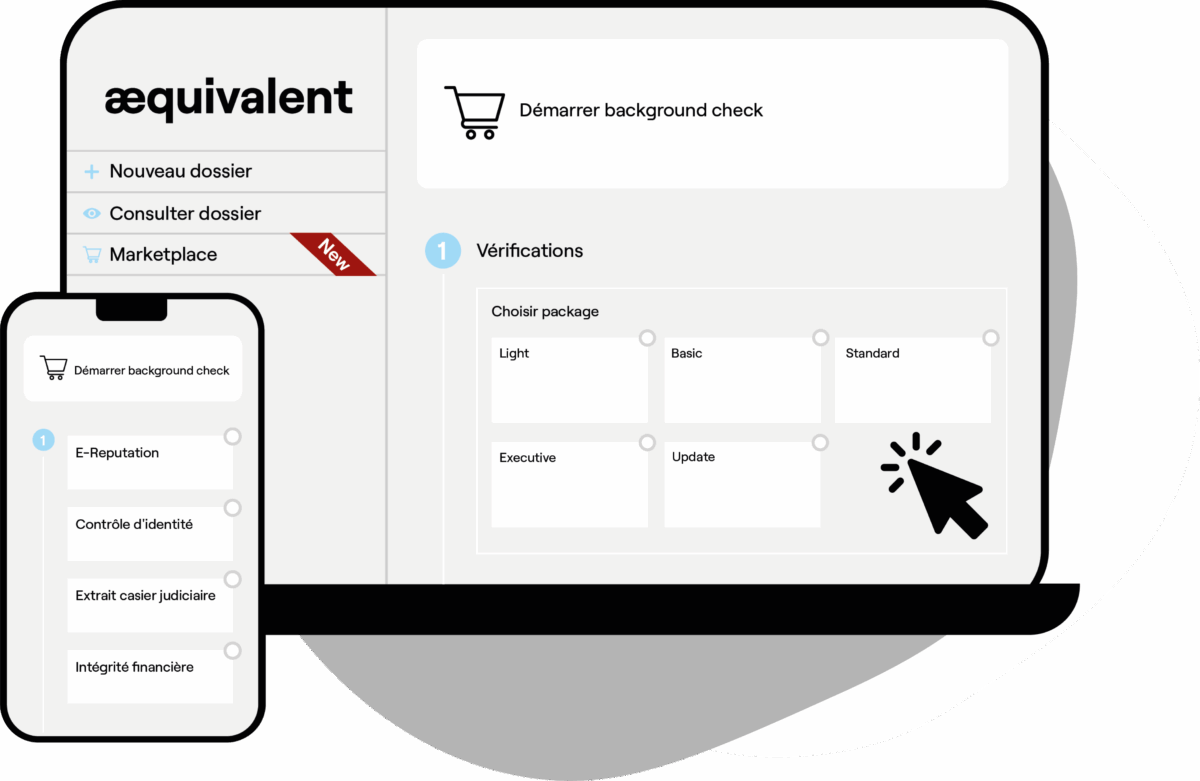 Interface de la plateforme online Aequivalent, spécialiste des vérifications d'antécédents en Suisse.