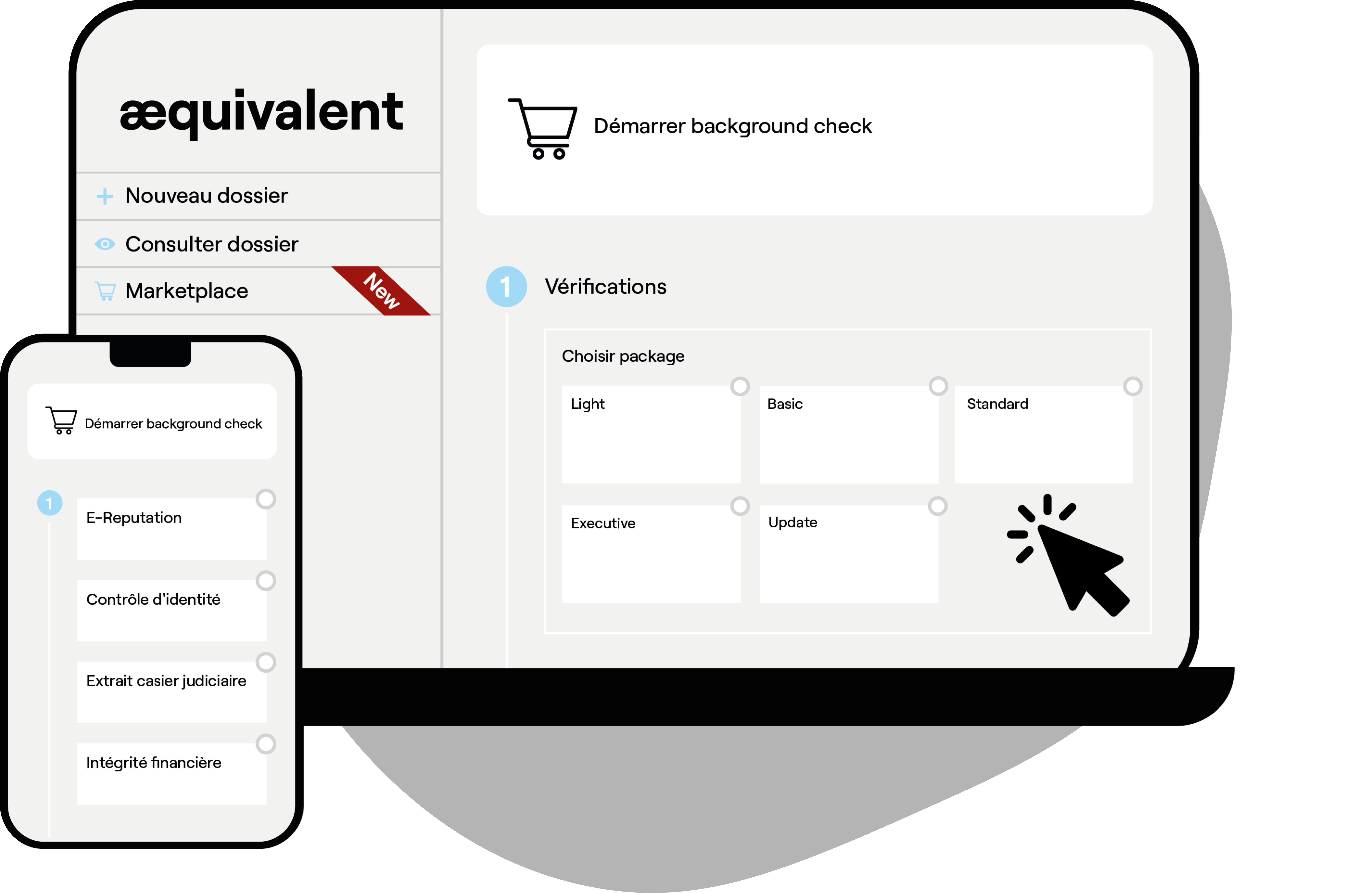 Interface de la plateforme online Aequivalent, spécialiste des vérifications d'antécédents en Suisse.
